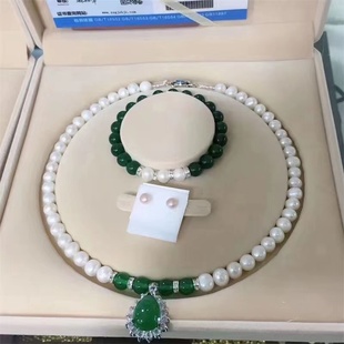 w38节送妈妈3件套装淡水珍珠，项链绿玛瑙，吊坠送妈妈送婆婆礼物