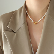镀金项链不掉色女法式不掉色小众轻奢双环扣淡水珍珠百搭饰品钛钢