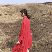 安妮森林法式复古大码宽松气质修身方领红色连衣裙大码微胖显瘦