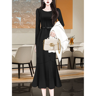 高级质感复古黑色裙子法式礼服春季气质修身长款鱼尾连衣裙女