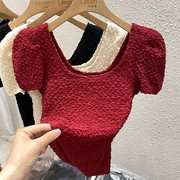 泡泡袖t恤女夏季复古法式修身短款洋气，方领内搭早秋红色短袖上衣