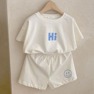 婴幼儿童装糖果色韩版棉休闲短袖，套装薄款字母笑脸，t恤短裤两件套