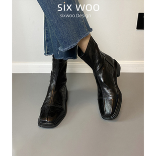 sixwoo软底低跟短靴女羊皮，方头后拉链靴子2023秋冬复古做旧