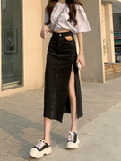 高腰侧开叉牛仔半身裙女夏季2023显瘦a字辣妹炸街包臀长裙子