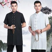 中国风中式夏季汉服全棉男士唐装短袖上衣中老年中长款半袖衬衫