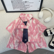 男童短袖衬衫套装2024夏季女宝韩版领带粉色雪纺衬衣短裤三件套潮