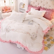高档绣花床裙四件套全棉，纯棉公主风花边被套，韩式清新白色床罩床品