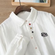 外贸出口日系原单白色衬衫女春秋设计感猫咪刺绣衬衣宽松显瘦上衣
