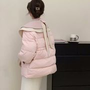 2023冬季羽绒服女韩系拼色双层娃娃领时尚高端宽松白鸭绒(白鸭绒)外套