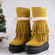 断码鞋 内增高雪地靴女11CM中筒棉靴冬季厚底坡跟加绒加厚流苏靴