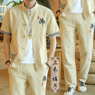 中国风男装夏季亚麻套装，男棉麻短袖t恤v唐装，衣服复古汉服薄款