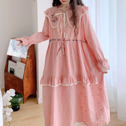 木茶出品自制日系甜美少女刺绣娃娃领长袖连衣裙森系清新减龄裙子