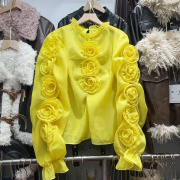 法式气质时尚设计感玫瑰花朵黄色长袖衬衫女秋季甜美淑女上衣