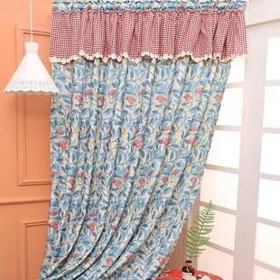 客厅窗帘棉麻美式遮光轻奢卧室大气复古田园荔枝，飘窗打孔成品窗帘