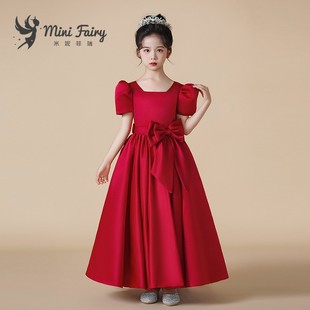2024儿童缎面钢琴表演出服，女童红色生日公主裙，绑带礼服泡泡袖
