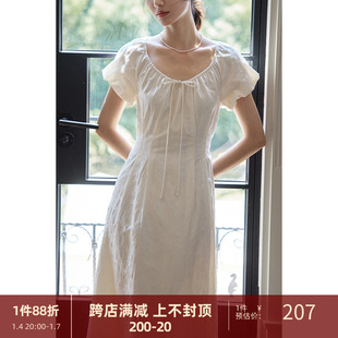 88折米白色柳绿色天丝棉花苞袖连衣裙女夏法式v领中长裙