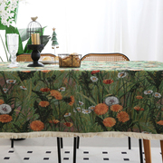 复古浪漫餐桌布艺茶几布，长方形提花桌布田园油画，感绿色装饰盖布