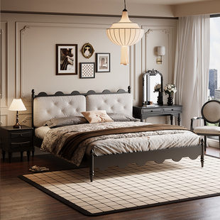 法式复古实木双人床卧室中古风，黑色1.5米1.8米带软包复古婚庆大床