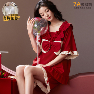 7a抑菌新中式睡衣女夏款纯棉，短袖带胸垫卡通蝴蝶结红色家居服