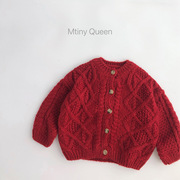 韩版新年儿童大红色毛衣开衫圣诞，冬款男女宝麻花纹针织开衫洋气