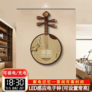 新中式古月琴夜光led电子钟表，挂钟客厅装饰琴行，书房插电挂墙时钟