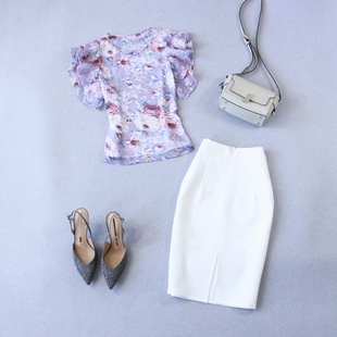 夏季紫色雪纺，薄款短袖小衫衬衫上衣，+白包臀西装半裙套装