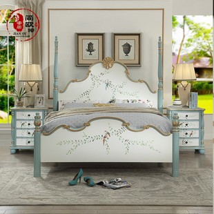 美式乡村彩绘床双人床地中海风格，婚床实木床卧室，美式床田园公主床