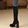 misili粗跟长靴秋冬季9.5cm黑色，高跟鞋防水台厚底真皮女靴子