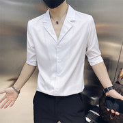潮流v领短袖衬衫，男夏季韩版修身西装领衬衣，七分袖男中袖休闲寸衬