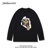 破墙猫猫设计感长袖t恤男创意秋季纯棉薄款宽松打底衫