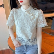 蕾丝旗袍上衣女夏季设计感小众复古盘扣，短袖衬衫时髦高端气质小衫