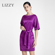 lizzy秋季高端女装哑光缎面，蝙蝠袖一字领系带连衣裙收腰短裙