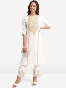 2023秋季印度进口女装2件套混纺棉刺绣套装日常休闲装奶黄色