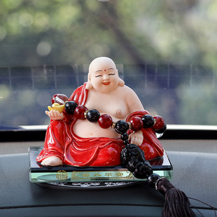 弥勒佛香水座笑佛汽车，创意摆件饰品，车内个性红釉陶瓷佛像车载用品