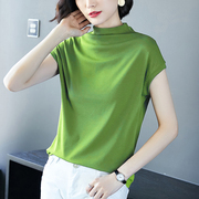 绿色T恤女半高领短袖打底衫2024春夏纯棉半袖宽松上衣外穿潮