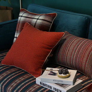红色格子美式沙发抱枕复古客厅大靠背床头靠垫腰枕靠枕套不含芯