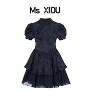 msxidu暗黑系提花绣花新中式，旗袍盘扣连衣裙，黑色蕾丝修身蓬蓬裙