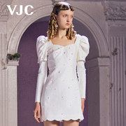 VJC/威杰思春夏女装白色复古珍珠提花修身气质连衣裙