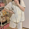 Urala pajamas皱布夏短袖甜美宽松卡通可爱熊猫睡衣女家居服套装