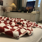 ins红格子毯子午睡毯珊瑚法兰绒毛毯牛奶绒卧室沙发休闲毯棋盘格