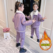 韩国女童加绒翻领外套两件套装2024冬季中大童装女孩加厚衣服