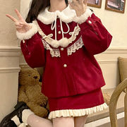 冬季红丝绒蛋糕，新年战袍毛呢，套装女短款上衣半身裙两件套