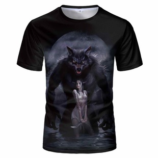美女与狼人图案3d印花T恤创意个性动物狼头短袖半袖夏季男上衣服