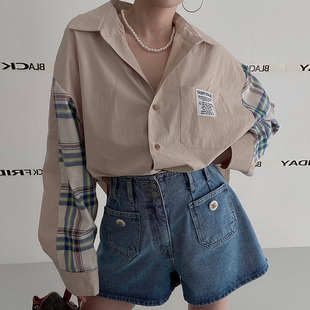 韩国chic春季小众气质翻领撞色拼接格子设计宽松百搭长袖衬衫上衣