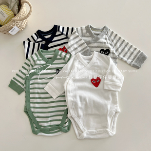 婴儿包屁衣新生儿衣服长袖春秋，条纹爱心连体衣，和尚服宝宝三角哈衣