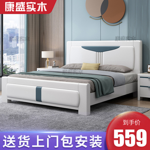 全实木床主卧1.8米橡木，双人床现代简约压纹，实木床1.5储物婚床白色