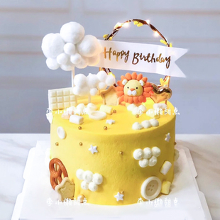 软陶小狮子儿童宝宝周岁生日蛋糕装饰摆件动物卡通狮子座生日插件
