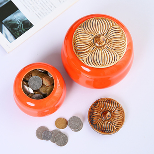 陶瓷柿子存钱罐硬币罐收纳罐，零钱盒储钱罐，创意零钱罐摆件收纳盒