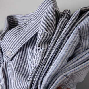 美式复古纯棉牛津纺衬衫，男士长袖休闲打底寸衫水洗，蓝条纹衬衣男潮