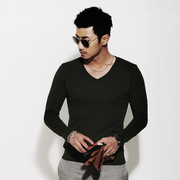 定制春季韩版男士修身v领军绿色，长袖t恤紧身纯棉打底衫鸡心领上衣